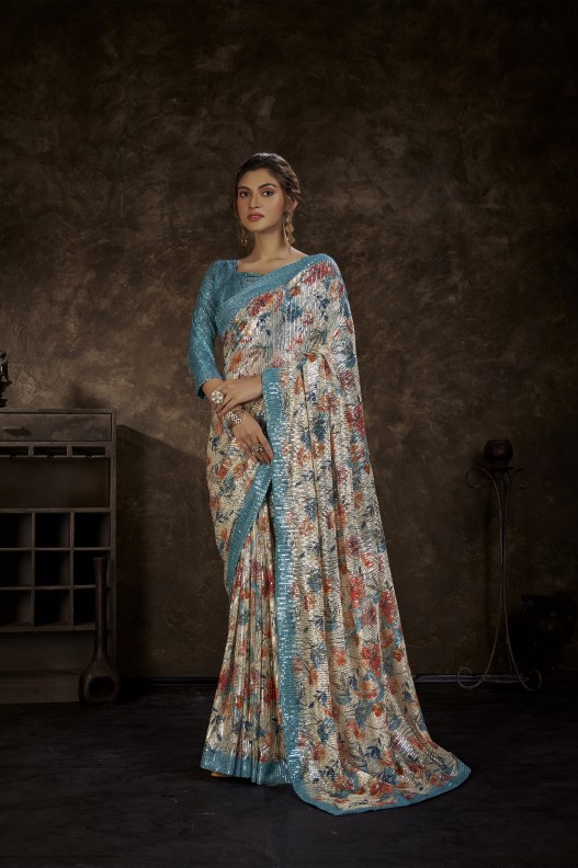 Designer Imported Sequince Digital Print Saree With Designer Blouse 